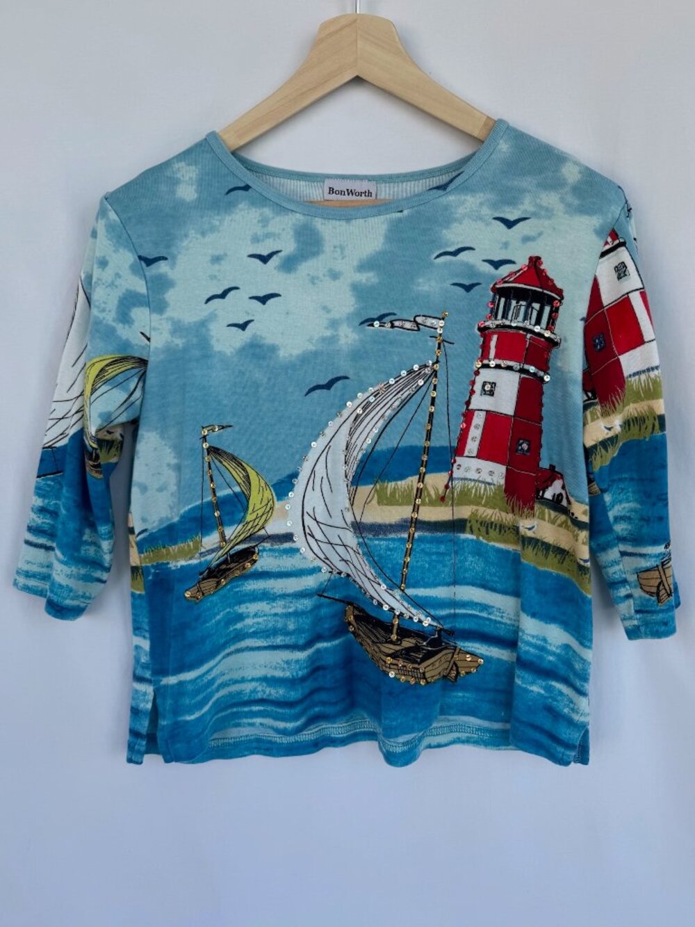 BonWorth Nautical Lighthouse Sailboat Sequin Top Blue 3/4 Sleeve XS Petite